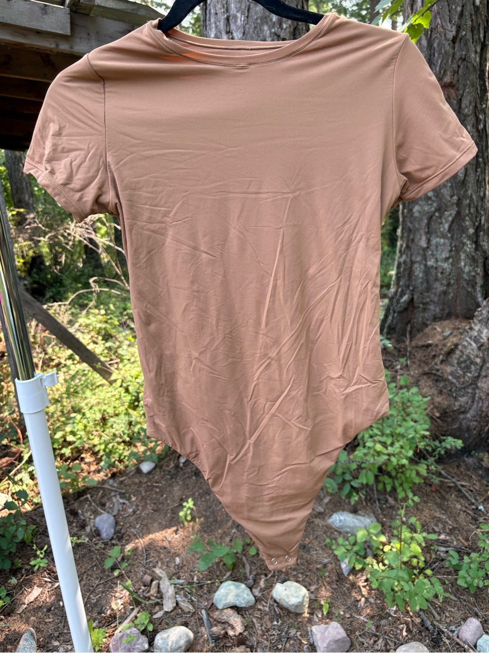 Auden Short-Sleeve Bodysuit Tee in Light Tan